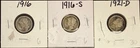 Lot of 3 Mercury Dimes - 1916-P, 1916-S, 1921-D Circulated