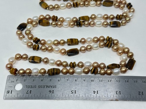 Vintage 14K Yellow Gold White Golden Freshwater Pearl Tiger's Eye 52" Necklace - 第 11/11 張圖片
