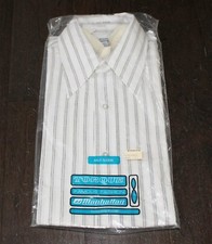 NOS vtg 80s MANHATTAN Torque Striped Button Shirt Medium M 15 SS White Gray USA