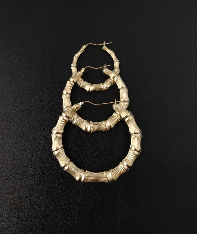 10K Real Solid Yellow Gold Round Bamboo Hoop Earrings, 18mm-78mm Earrings - Image 2 of 4