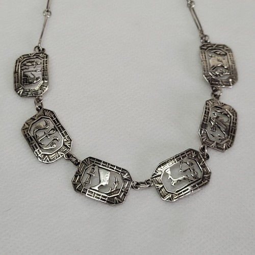 Antique Chain Necklace Symbols Egypt Hieroglyphs Sterling Silver Vintage - Photo 13 sur 13
