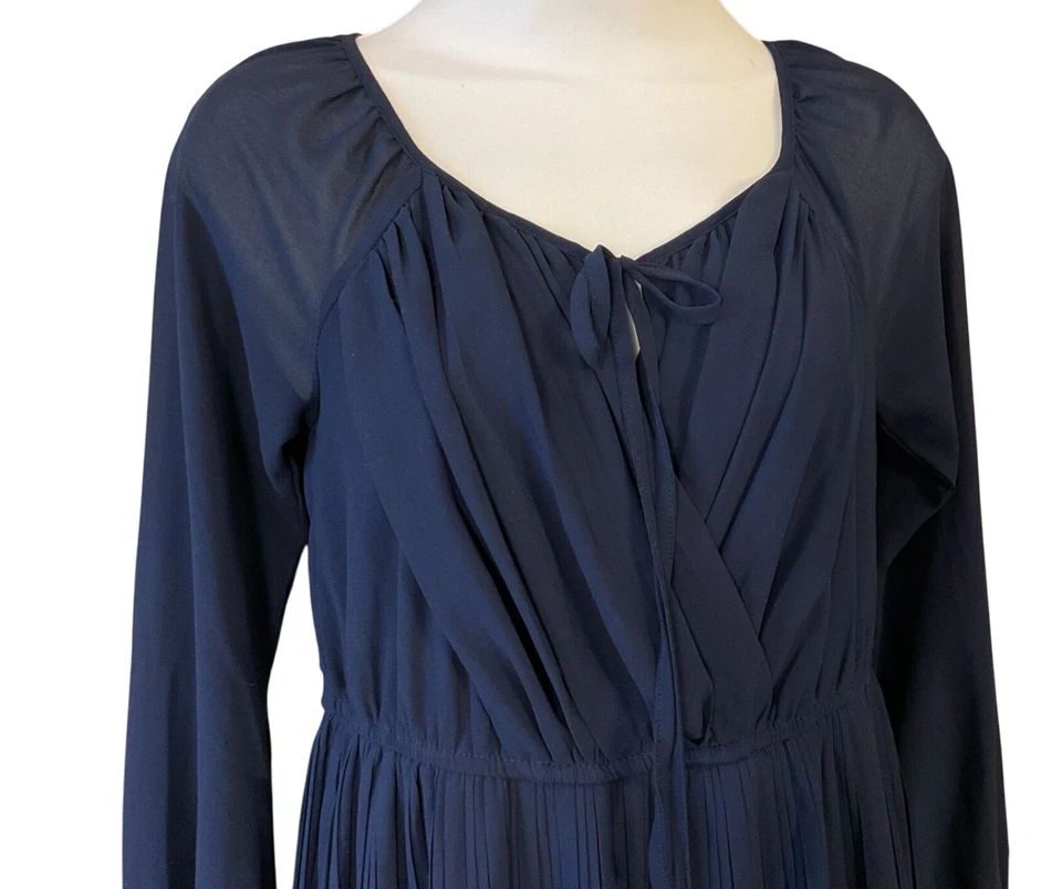 Double Zero Long Sleeve Tie Neck Lined Faux Wrap Pleated Colorblock Dress Small - Image 2 of 4