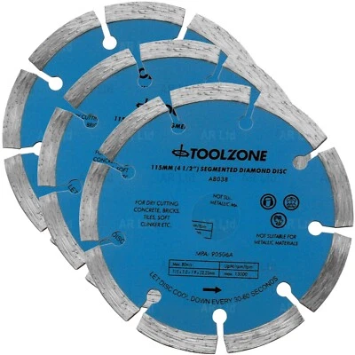 TOOLZONE 3x 115mm Diamond Cutting Discs 4.5" Angle Grinder Blade Tile Stone Concrete Tool