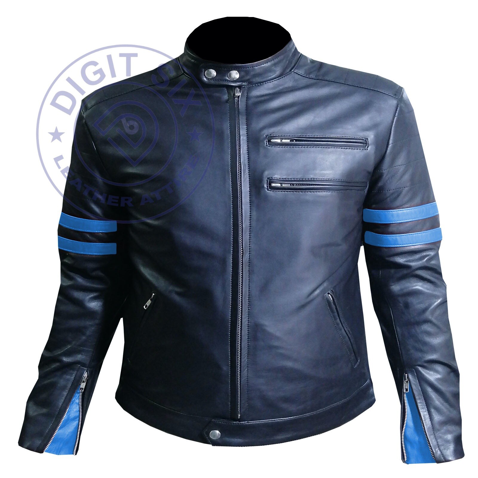 Leather jacket Biker Coat with Hump Black with Sky Blue Race Motorcycle jackets-image
