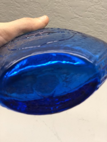 9.5" X 5" Cerulean Blue Union Bottle w/ Scalloped Neck Clasped Hands, Birds - Picture 7 of 8