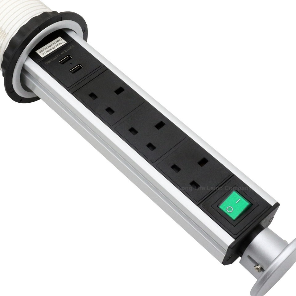 Silver Top Power Pop Up Socket With 2 USB Charging Port 3 Plug Sockets ...