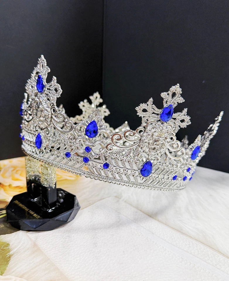 Corona de Plata Rey León, Tocado de Boda Príncipe, Corona de Cristal Azul para Novio Foto 2 de 4