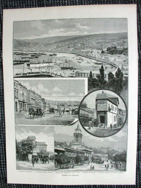 Valparaíso Chile Views Port San Augustin Original Wood Engraving From 1890