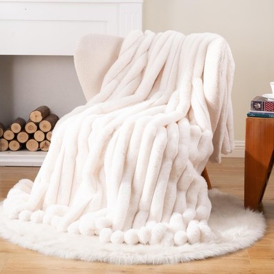 Faux Fur Throw Blanket, Cozy Warm Plush Striped Rabbit Fur Blanket for Couch ...