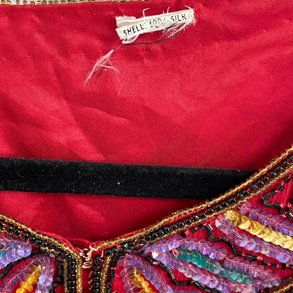 Top vintage de seda pura lentejuelas con cuentas manga larga rojo multi mujer mediano? Foto 3 de 4