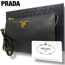 PRADA Saffiano Leather Clutch Bag Black with Strap and Box