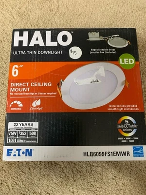 New NIB Qty 1 Halo HLB6099FS1EMWR 6" White Ultra Thin LED Downlight - Image 1 of 4
