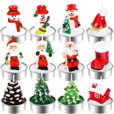 12 Pieces Christmas Tealight Candles Handmade Delicate Santa Claus, Snowman, ...