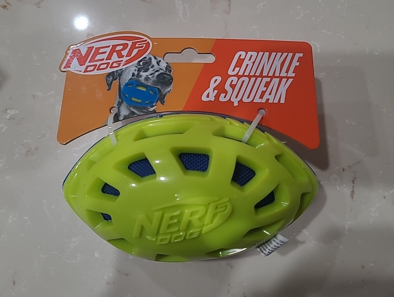 NEW NERF DOG Green/Blue Crinkle & Squeak 6 Inch. Rubber Football Toy