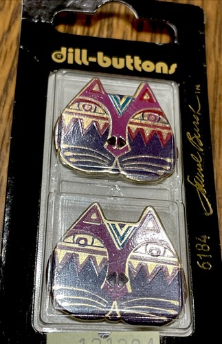 2 Colorful Laurel Burch Stylized CAT Enamel Metal Buttons Dill #6184 Sz. 1 1/8” - Bild 3 von 3