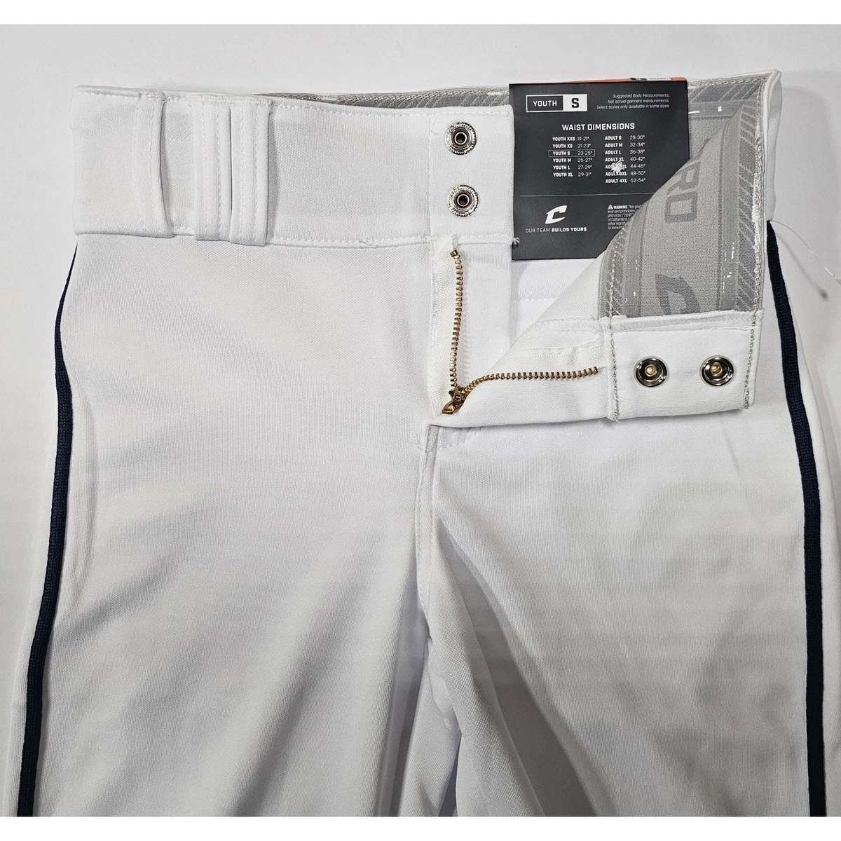 Champro BP62 Youth Small White Baseball Pants Navy Blue Side Stripe NWT