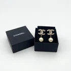 Auth Chanel Rhinestone Coco Pearl Swing SV Earrings A21A engraved W/Box BA080245