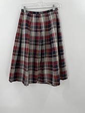 Vintage 1970s Sears  Roebuck Red Navy Plaid Pleated High waisted Skirt 26"x26"