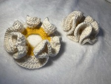 Two Handmade Crochet Scrunchies  Hair ties  Yellow/White  Egg yolk