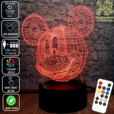 MICKEY MOUSE WIRE FRAME3D LED Battery USB Night Light 7 Colour
