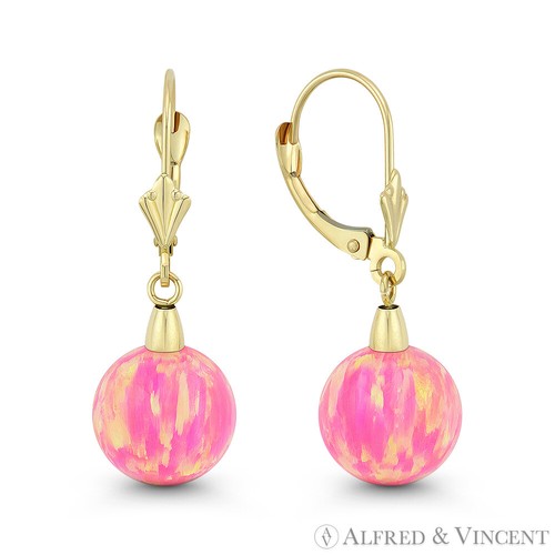 Orecchini pendenti goccia leva oro giallo 14 kt sfera opale rosa reale creati in laboratorio - Foto 7 di 7