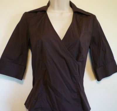 Ann Taylor womens XS 2 brown cotton 3/4 sleeve v-neck collard shirt top blouse