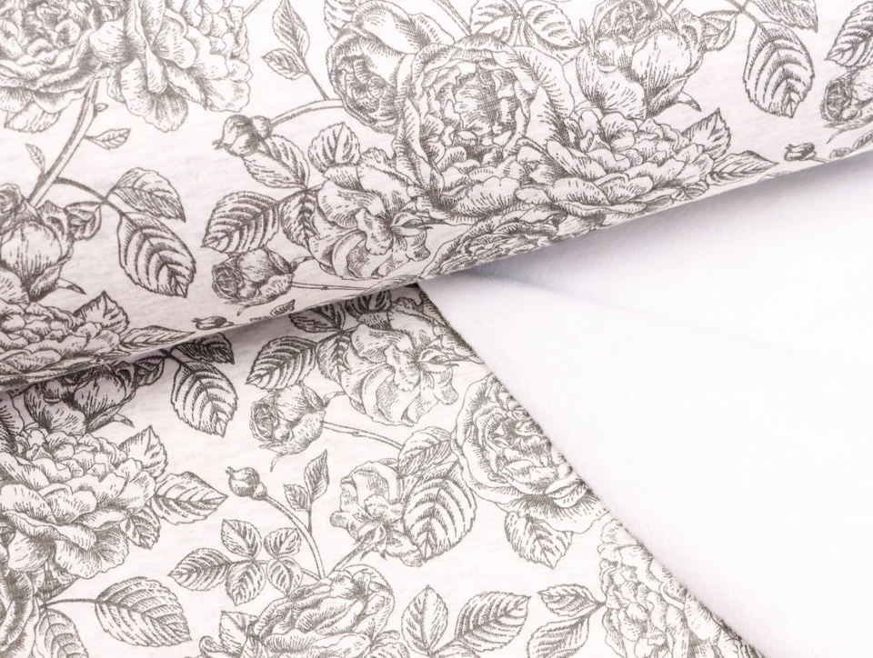 ALPENFLEECE Kuschelsweat Stoff flauschig ROSEN auf CREME GRAU EUR 17,98/m - Bild 2 von 3