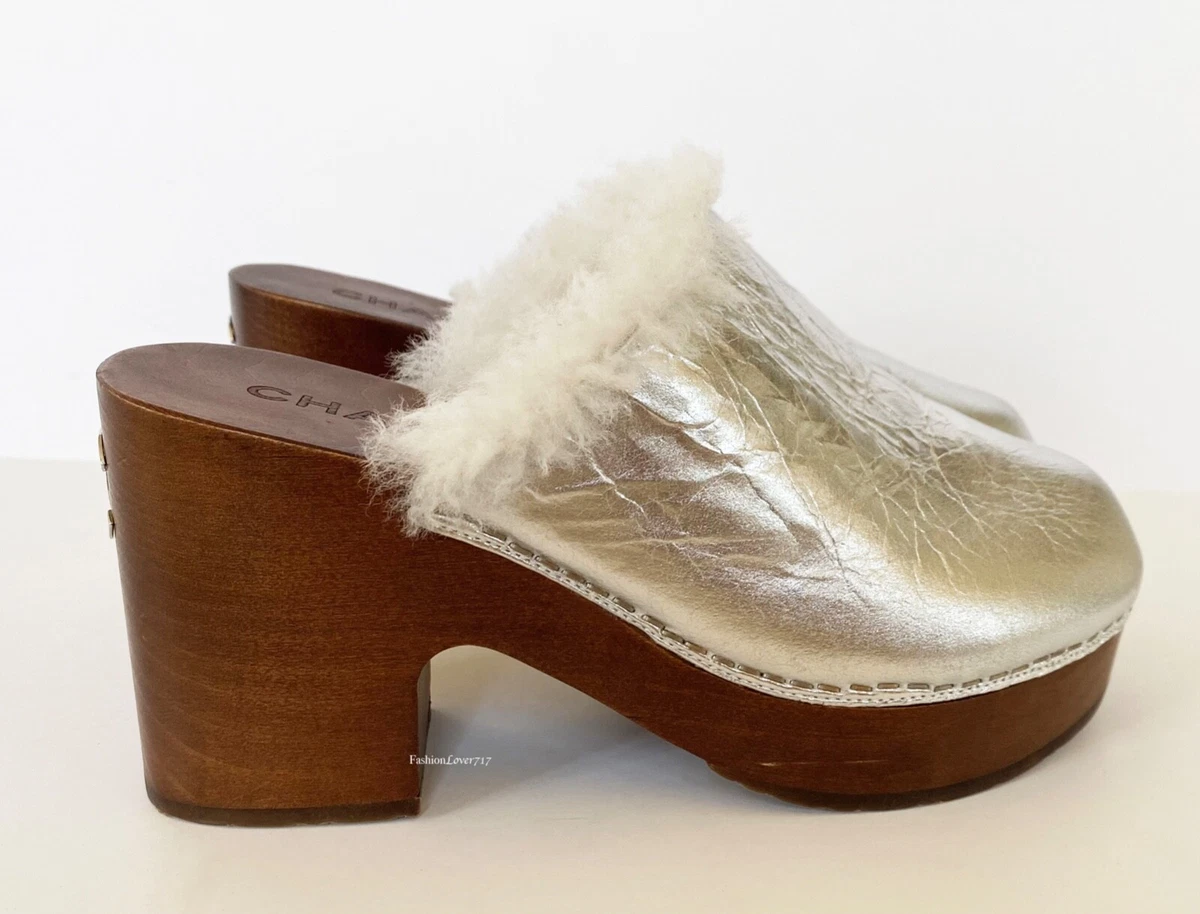 CHANEL 19K SILVER SHEARLING FUR LEATHER GOLD CC MULES CLOGS