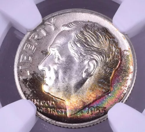 1955-D Roosevelt Silver Dime - NGC MS66* Star Rainbow Toned!