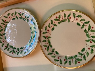 Two Lenox Holiday Dimensions Salad or Dessert Plates trimmed in 24k gold, footed