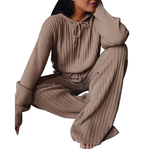 Outfits zweiteiliges Set Freizeitanzug Damenanzug Strickpyjama süß einfarbig mit Kapuze - Bild 13 von 22