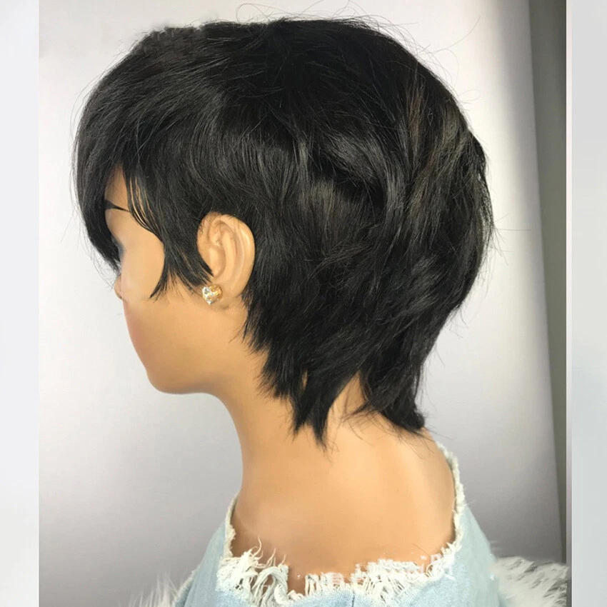 Short Black Human Hair Wigs for Women Pixie Cut Wigs Wave with Side Bangs - Image 3 of 4
