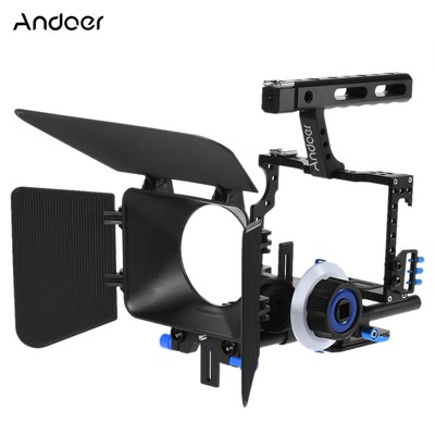 Andoer Video Camera Cage Rig Kit Matte Box Follow Focus 15mm Rail Rod Rig C0R2
