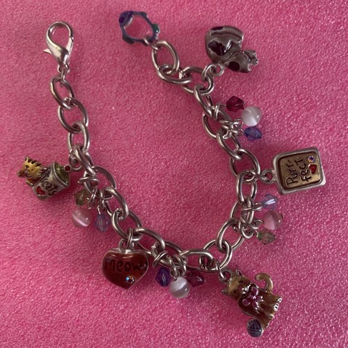 Vintage  ajmc Kitty Cat lover treats purr-fect Meow charm bracelet Rare