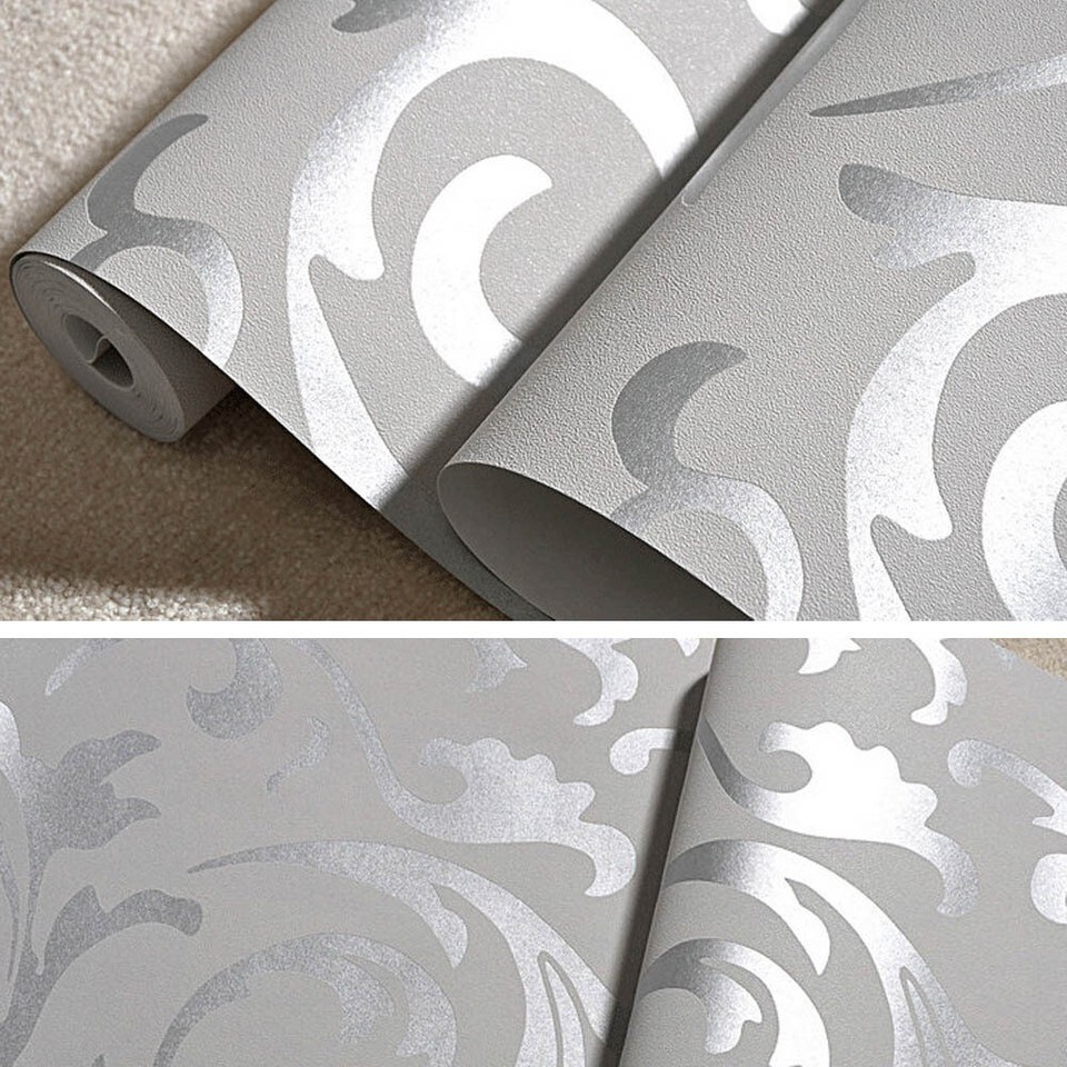 3D Glitter Silver Grey Damask Wallpaper Roll Metallic Silver Textured