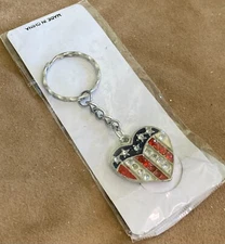 US Heart Flag Keychain Silver Tone Sparkly C42-7