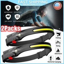2 PACK COB+LED Headlamp Headlight Torch Flashlight Work Light Bar Head Band Lamp