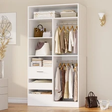 Freestanding Closet System Wardrobe with 7 Shelves & 3 Drawers & 2 Hanging Rod