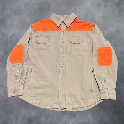 Duluth Trading Co Mens XL Tan Blaze Orange Fleece Lined Snap Shirt Jacket Canvas