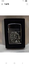 Vintage Stainless Steel Cased  Lighter With  Bronze Indian Design