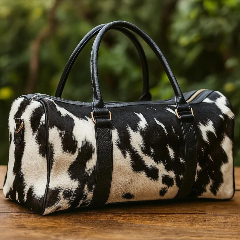 Cowhide Leather Duffel Bag | Cow hide Hair On Black  Weekender bag Travel Bag - Image 2 of 3