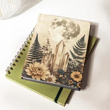 Full Moon Quartz Crystal Botanical Wildflower Garden Hardcover Notebook
