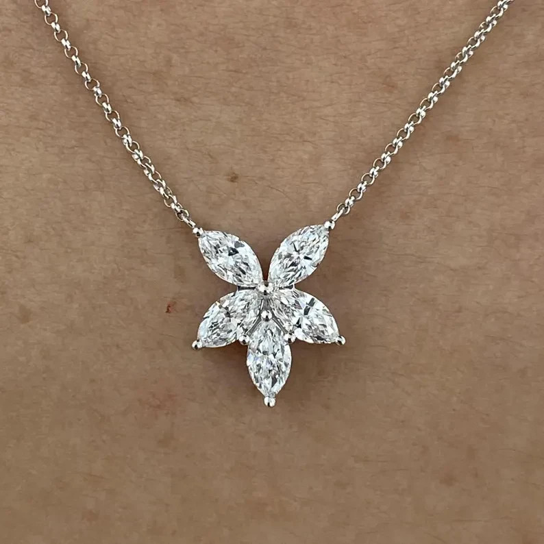 1.25 Ct Lab Grown Marquise Cut Diamond Flower Necklace, 14K White Gold Necklace