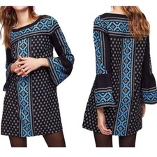 LOFT Black Blue Geometric Print Bell Sleeve Boho Shift Dress Womens Size S