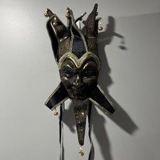 Venetian Jester Masquerade Mask Full Face Black Gold Bells Mardi Gras Decor