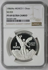 1986 Mo Mexico Libertad Winged Victory Silver 1 Onza Proof PF 69 Ultra Cameo NGC