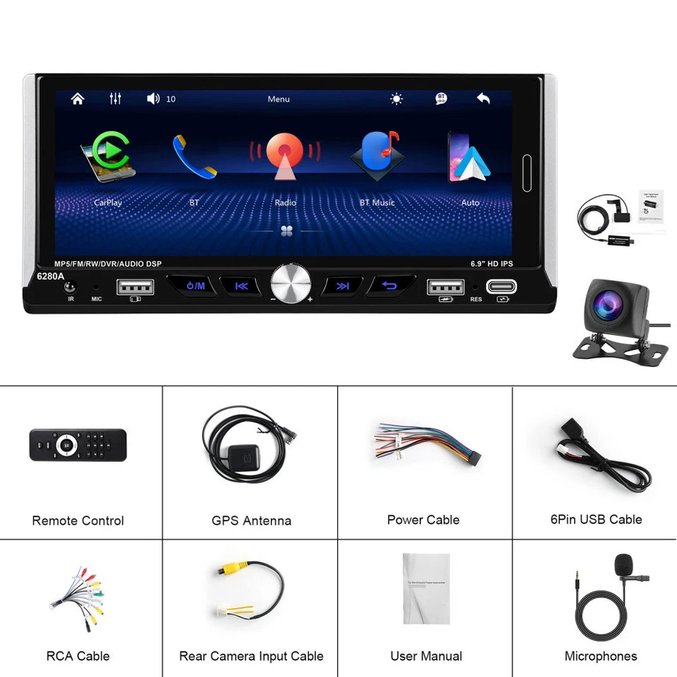 DAB+ 6.9 Zoll Carplay 1 Din Autoradio 2G+64G Android 13 GPS Navi WiFi BT Kamera - Bild 3 von 4