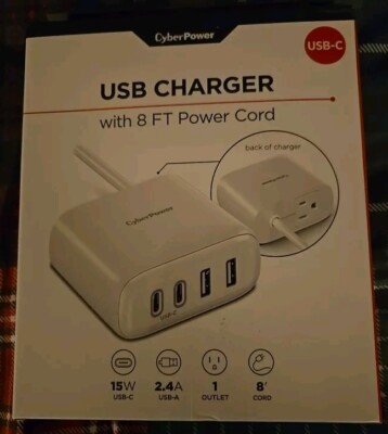 Cyberpower USB CHARGER 8 Ft Cord Surge Protector 2 A Ports & 2 C Ports White