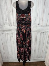 WOMENS BILA BLACK FLORAL CRINKLE GAUZE SMOCKED CROCHET SLEEVELESS MAXI DRESS L