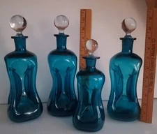 Set of 4 Kastrup Holmegaard Kluk Kluk Pinched Blue Decanter Bottle Clear Stopper